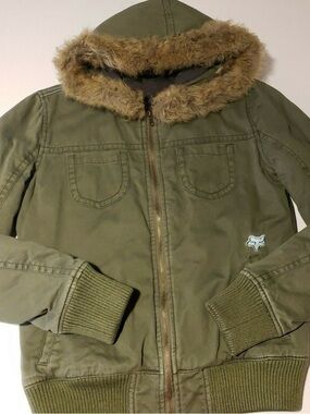 Fox Olive Green Hooded Puffer Jacket with Faux Fur Trim